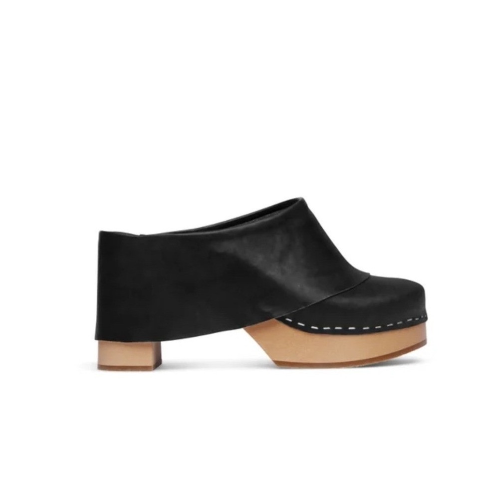 Anthropologie Swedish Hasbeens Leather Top Covered Wooden Clogs sz39